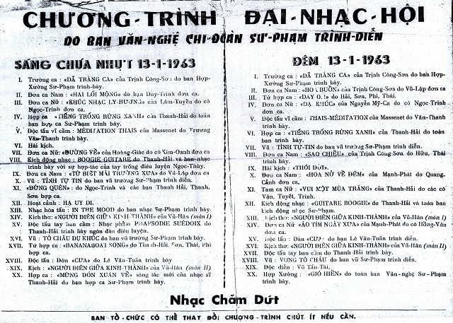 2- Chương trình Đại nhạc hội của Ban Văn nghệ Chi đoàn Sư Phạm Quy Nhơn  tháng 01-1963 (trong đó có tiết mục “Dã Tràng Ca” của Trịnh Công Sơn.