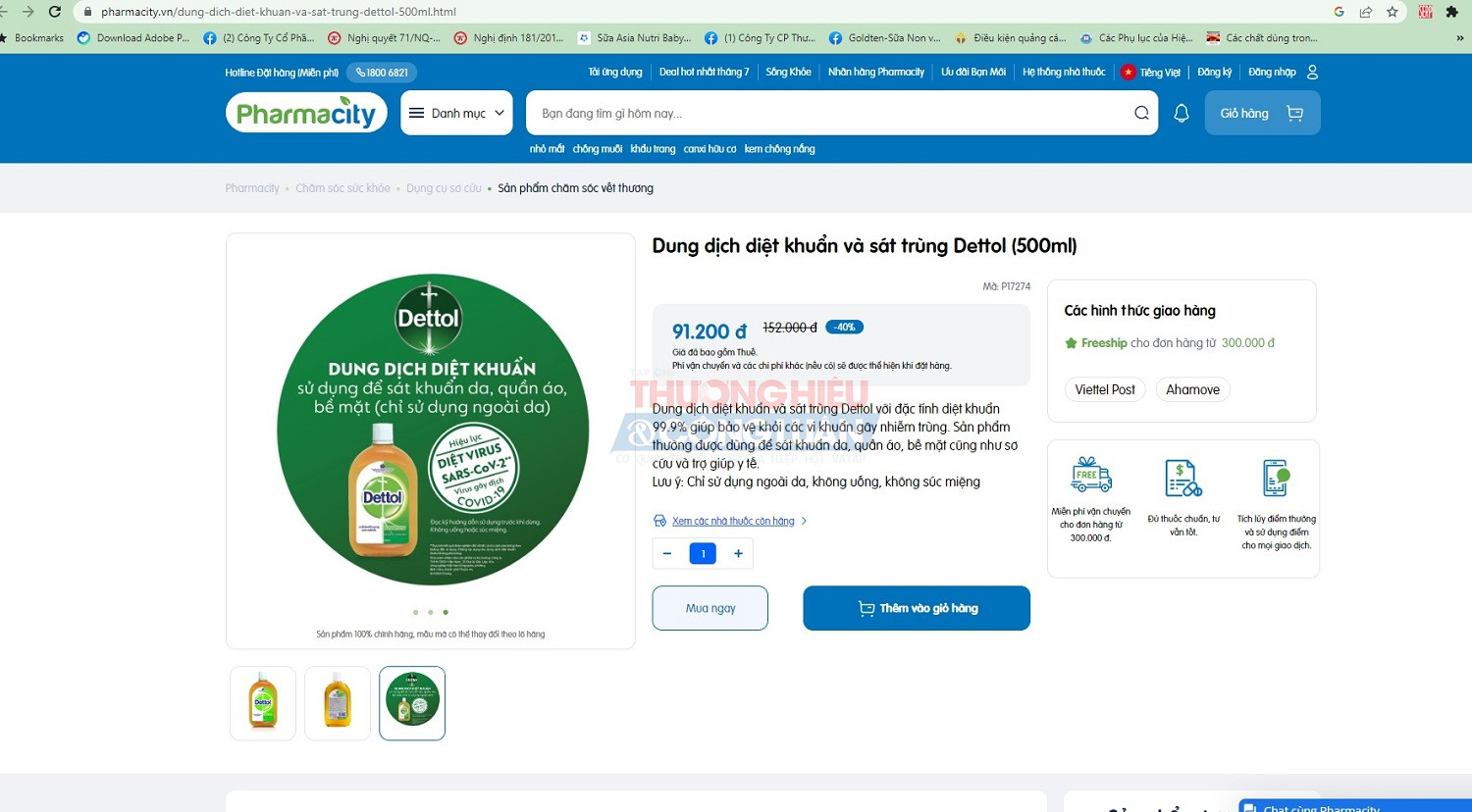 Hình ảnh giới thiệu sản phẩm dung dịch diệt khuẩn và sát trùng DETTOL được đăng tải trên website của dược phẩm Pharmacity