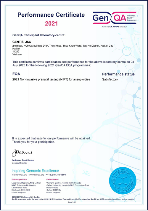 Xét nghiệm NIPT của GENTIS tự hào đạt tiêu chuẩn ISO 15189:2012 và chất lượng ngoại kiểm chuẩn quốc tế GenQA