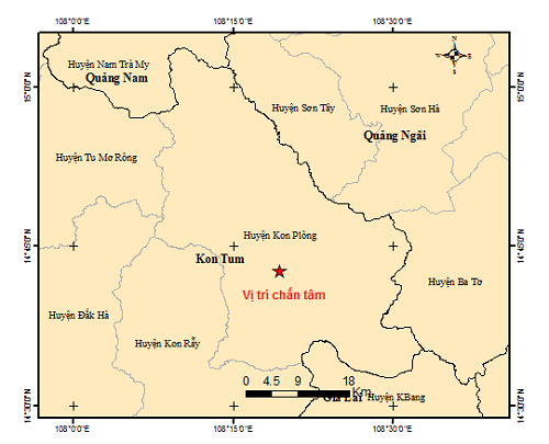 Vị trí xảy ra trận động đất sáng nay tại Kon Tum