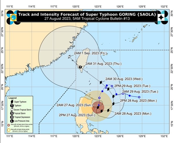 PAGASA xác nhận Saola đã thành siêu bão (ký hiệu là hình xoáy ốc màu đen). Ảnh: PAGASA.