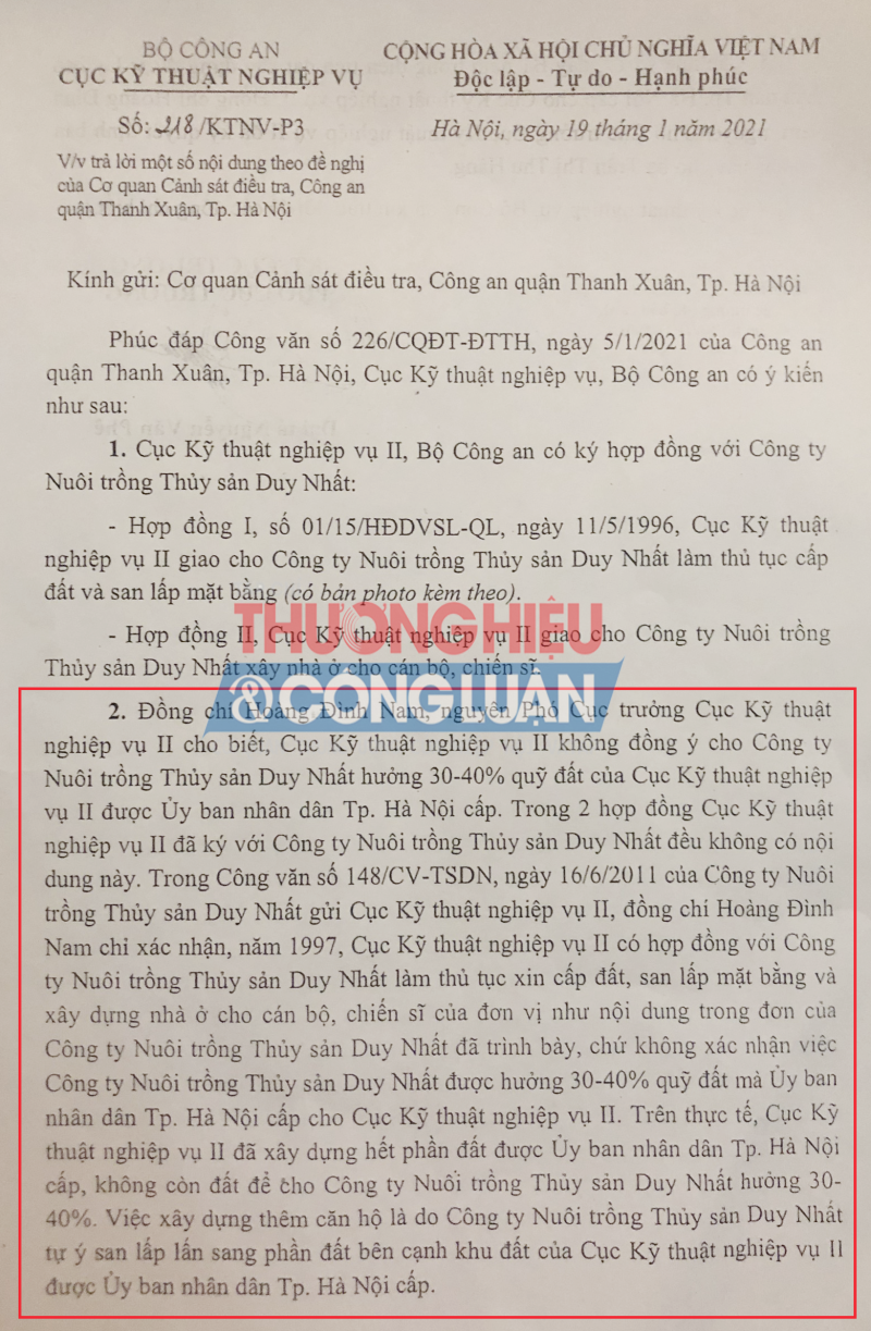 Văn bản số 218/KTNV-P3 ngày 19/01/2021 do Đại tá Nguyễn Văn Phê – Phó Cục trưởng Cục Kỹ thuật nghiệp vụ II, Bộ Công an trả lời.