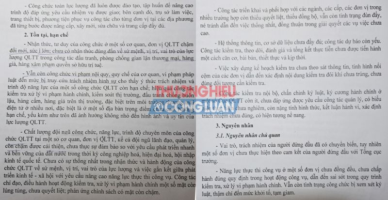 Phần tồn tại, hạn chế trong Báo cáo tình hình hoạt động của lực lượng Quản lý thị trường năm 2023 và phương hướng, nhiệm vụ năm 2024.