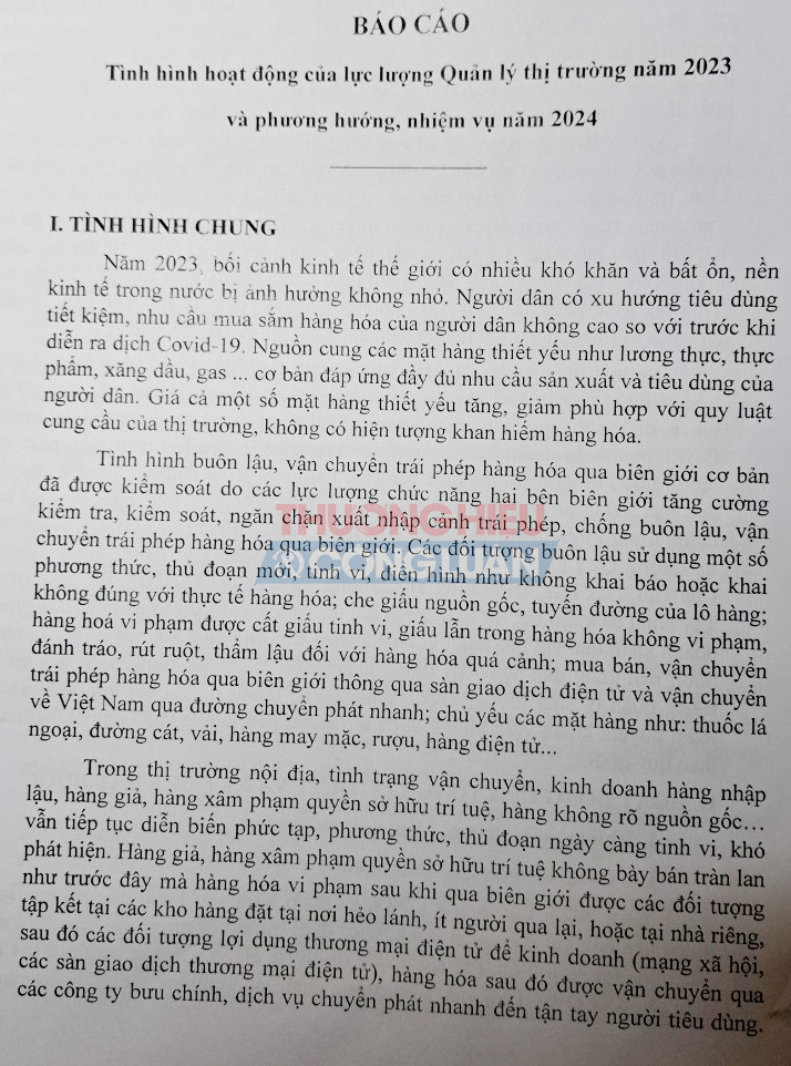 Báo cáo tình hình hoạt động của lực lượng Quản lý thị trường năm 2023 và phương hướng, nhiệm vụ năm 2024.