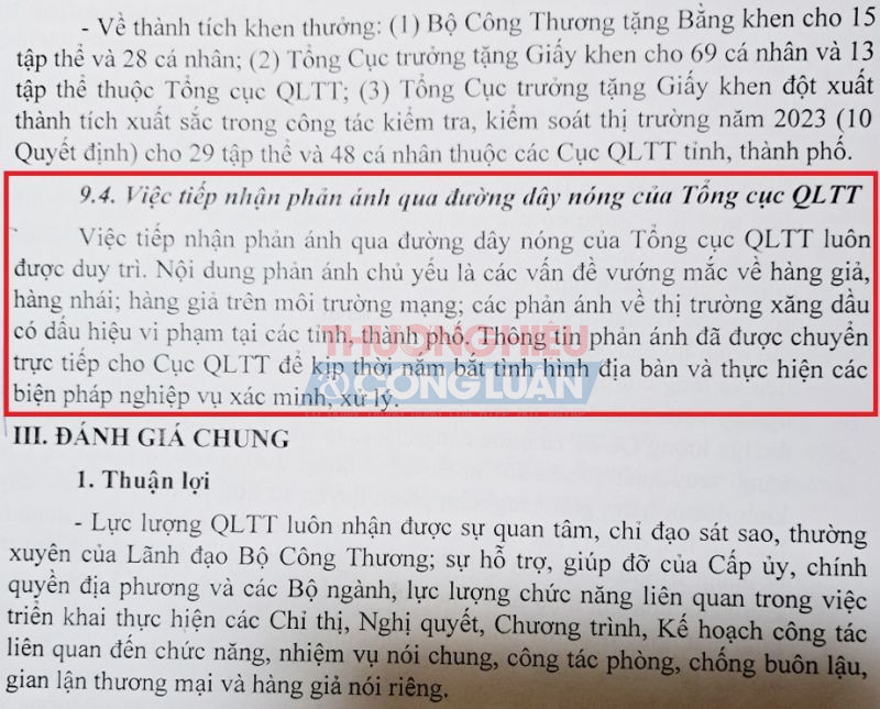 Một phần Báo cáo tình hình hoạt động của lực lượng Quản lý thị trường năm 2023 và phương hướng, nhiệm vụ năm 2024.