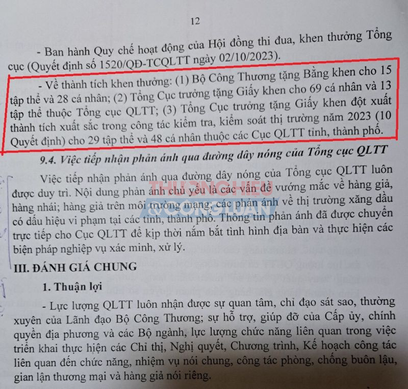 Một phần Báo cáo tình hình hoạt động của lực lượng Quản lý thị trường năm 2023 và phương hướng, nhiệm vụ năm 2024.