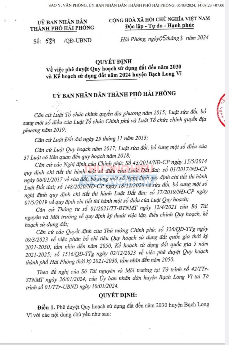 Quyết định 584 về quy hoạch sử dụng đất đến năm 2030 của huyện Bạch Long Vĩ, TP. Hải Phòng