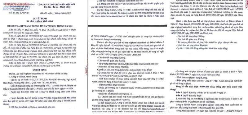 Quyết định xử phạt Công ty TNHH AmeriGroup do có hành vi đăng và chia sẻ bản đồ Việt Nam không thể hiện đầy đủ chủ quyền quốc gia.