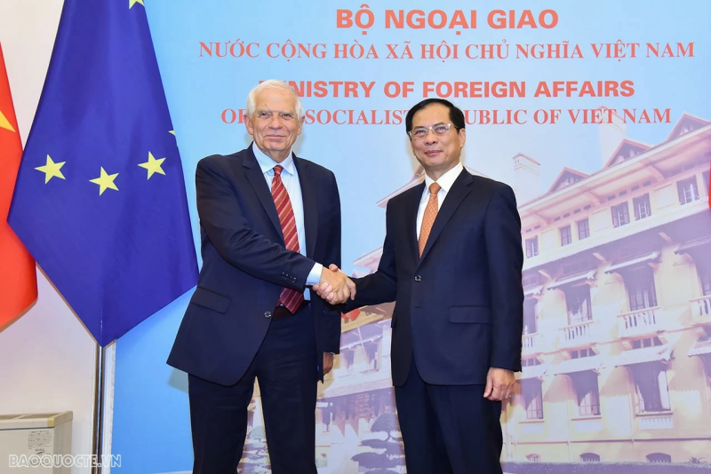 Bộ trưởng Ngoại giao Bùi Thanh Sơn và Phó Chủ tịch EC, Đại diện cấp cao EU Josep Borrell Fontelles, tại Hà Nội ngày 30/7. (Ảnh: Tuấn Anh)