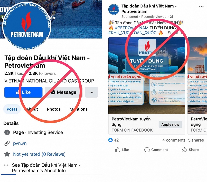 Trang facebook mạo danh Tập đoàn Dầu khí Việt Nam (Petrovietnam) đăng tin tuyển dụng