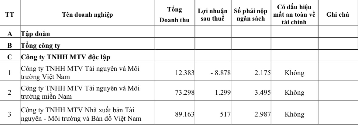 Báo cáo kết quả giám sát tài chính 6 tháng đầu năm của 3 doanh nghiệp do Bộ TN&MT đại diện chủ sở hữu.