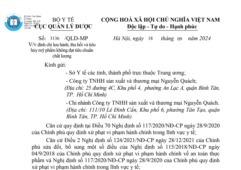 Một phần thông báo của Cục Quản lý Dược