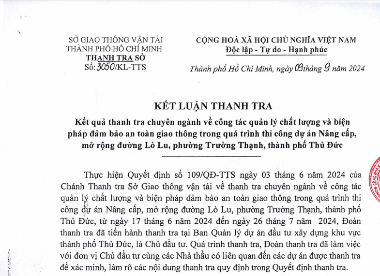 Một phần Kết luận Thanh tra của Thanh tra Sở Giao thông vận tải TP. Hồ Chí Minh