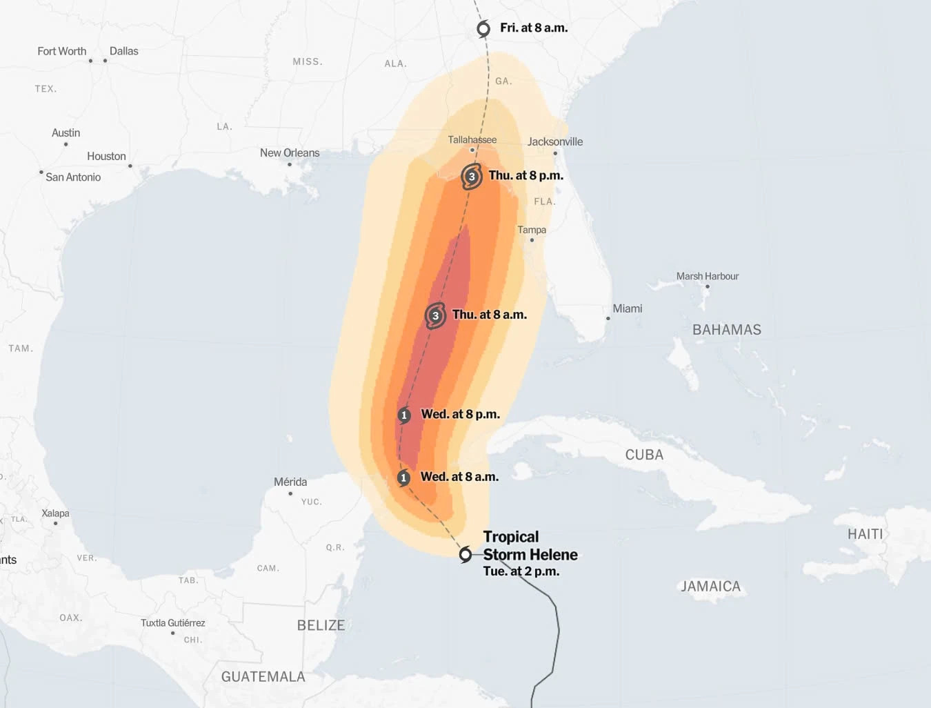 Hướng đi của bão. Ảnh: New York Times.