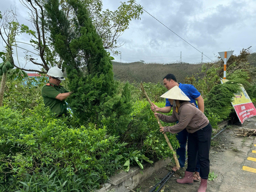 Cán bộ và nhân dân xã Sơn Dương thực hiện nâng đỡ, gia cố các cây xanh trên trục chính đường trung tâm xã bị ảnh hưởng do bão số 3.