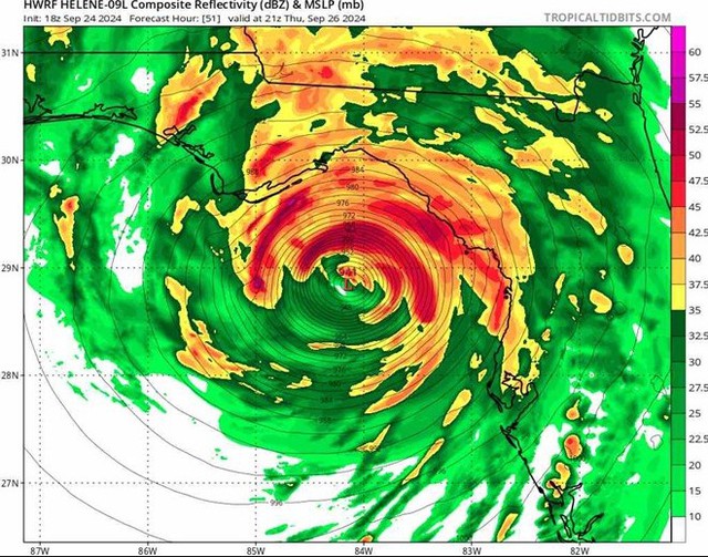 Bão Helene dự kiến đổ bộ Florida, Mỹ ngày 26/9. Ảnh: Tropicaltidbits.com