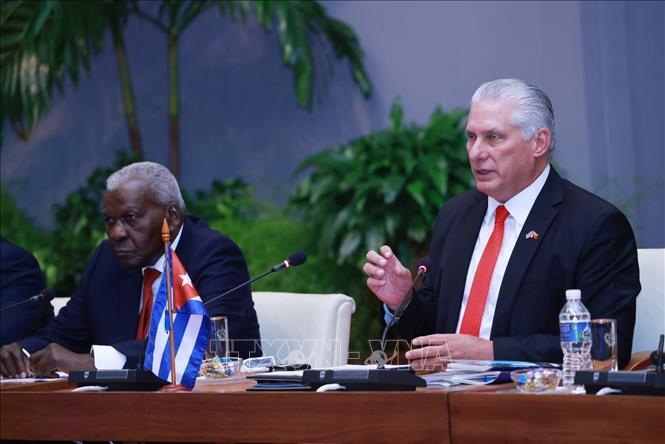 Bí thư thứ nhất Đảng Cộng sản Cuba, Chủ tịch Cuba Miguel Diaz Canel Bermudez phát biểu tại cuộc hội đàm với Tổng Bí thư, Chủ tịch nước Tô Lâm.