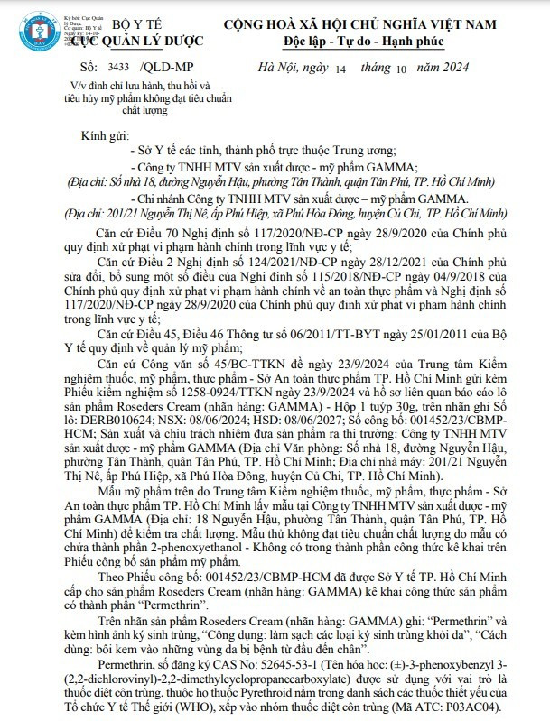 Một phần công văn thông báo đình chỉ lưu hành, thu hồi trên toàn quốc lô sản phẩm Roseders Cream (nhãn hàng: GAMMA) - Hộp 1 tuýp 30g