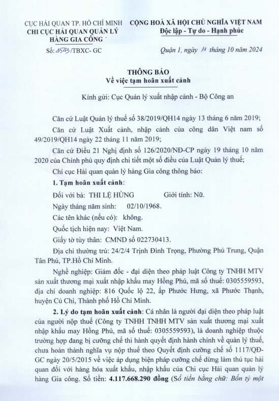 Thông báo số 4543/TBCC-GC về việc tạm hoãn xuất cảnh đối với bà Thi Lệ Hùng, Giám đốc - đại diện theo pháp luật Công ty TNHH MTV sản xuất thương mại xuất nhập khẩu may Hồng Phú