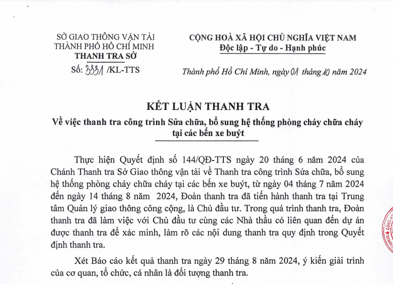 Một phần Kết luận thanh tra số 3331/KL-TTS