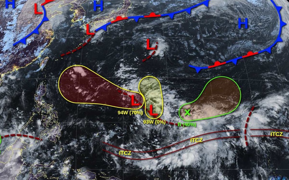 Trung tâm Cảnh báo Bão Liên hợp Mỹ đang theo dõi 3 áp thấp 93W, 94W và B: Ảnh: JTWC.