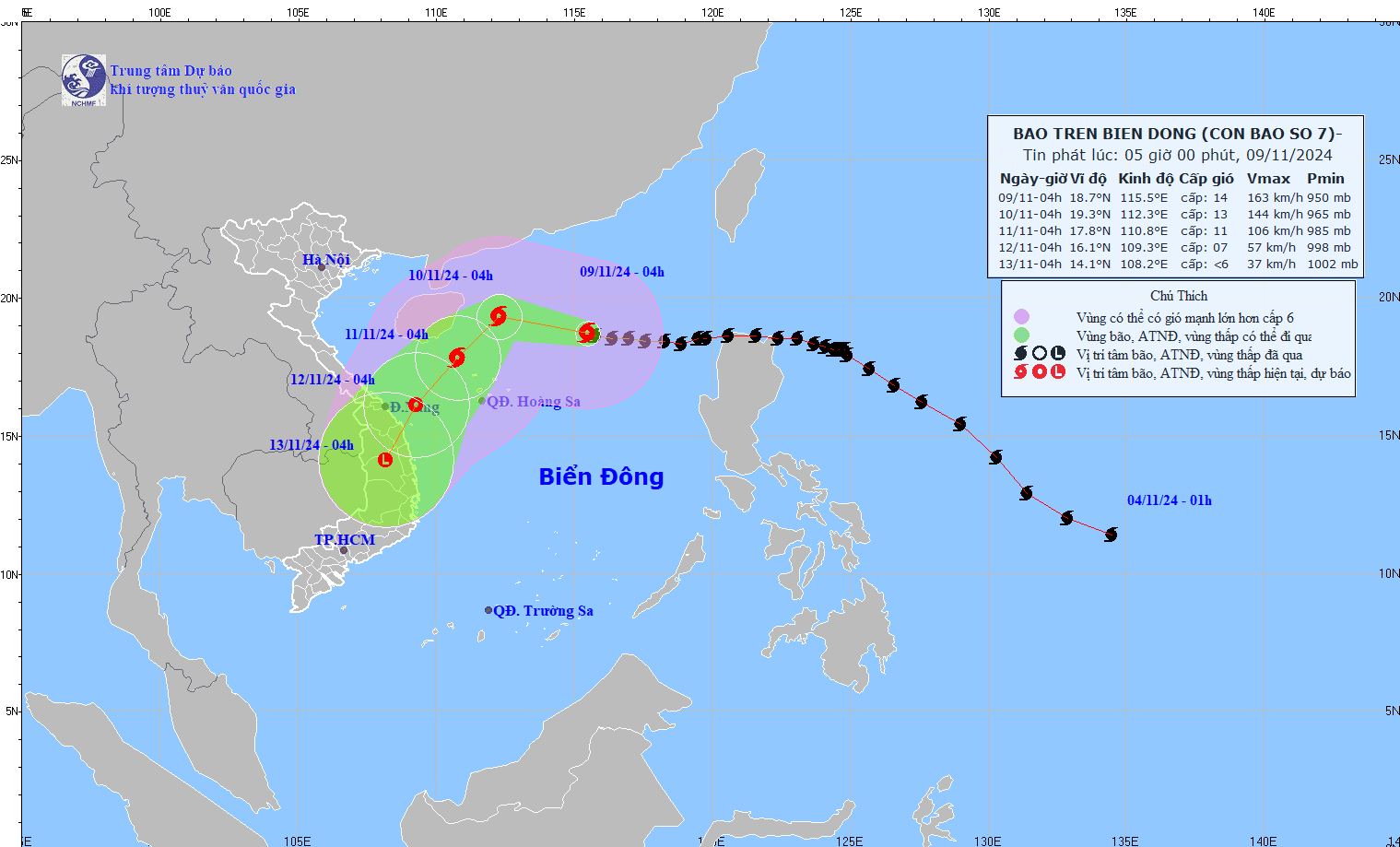 Vị trí và đường đi bão số 7 lúc sáng nay (9/11).