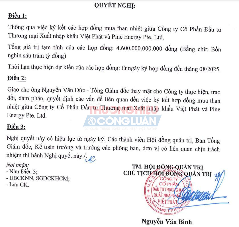 VPG và liên danh vừa ký thêm hợp đồng cung cấp than nhiệt giá trị tạm tính là 4.600 tỷ đồng.