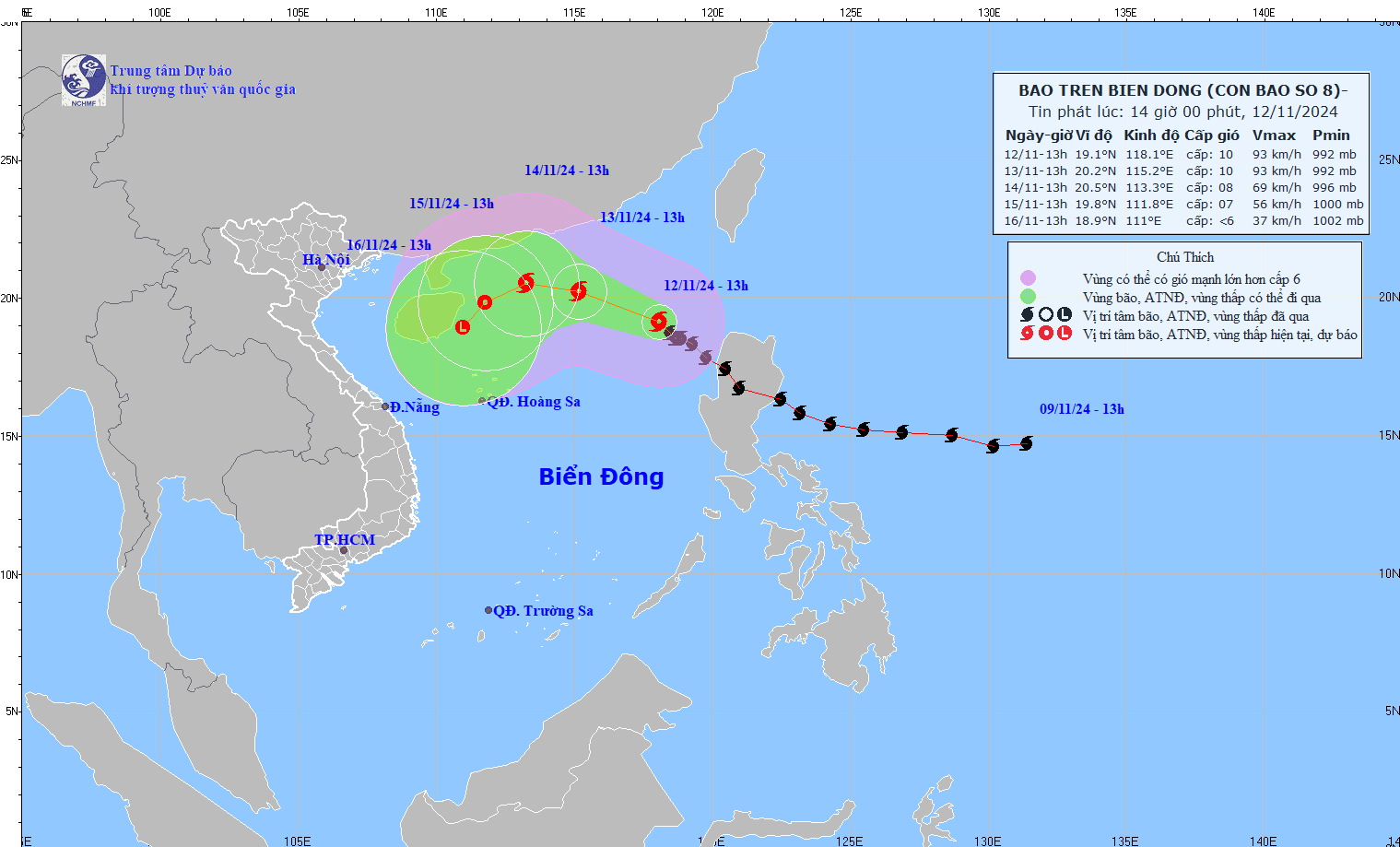 Đường đi của bão số 8 lúc 13h ngày 12/11.