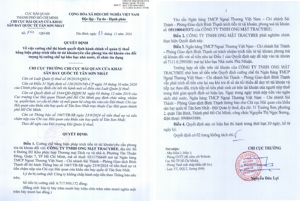 Quyết định về việc cưỡng chế thi hành quyết định hành chính đối với Công ty TNHH Ong Mật TRACYBEE