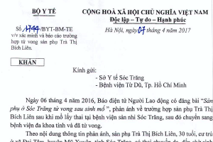 Yêu cầu Sở Y tế Sóc Trăng báo cáo vụ sản phụ tử vong sau sinh mổ trước ngày 13/4