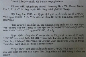 VKSND TP. Hải Phòng: Hủy kết luận của VKSND huyện Tiên Lãng với ông Phạm Văn Thoan