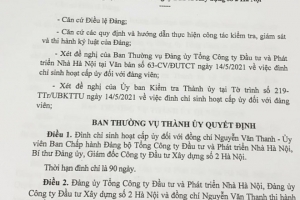 Hà Nội: Đình chỉ sinh hoạt Đảng đối với ông Nguyễn Văn Thanh