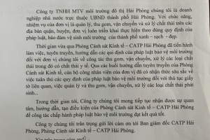 Công ty TNHH MTV Môi trường đô thị Hải Phòng gửi thư cảm ơn Phòng Cảnh sát Kinh tế - CATP. Hải Phòng