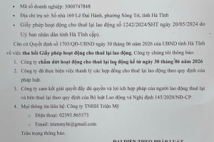 Thông báo về việc chấm dứt hoạt động cho thuê lại lao động