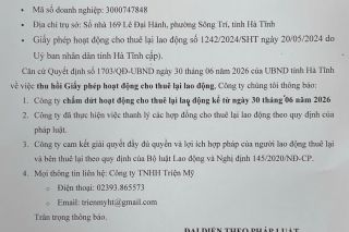Thông báo về việc chấm dứt hoạt động cho thuê lại lao động