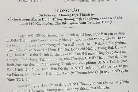 Thành ủy Hà Nội: Chấp thuận chủ trương đầu tư Dự án Tổ hợp TM, văn phòng để bán