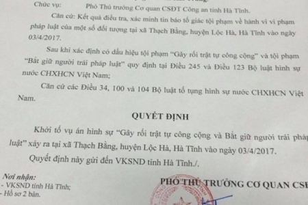 Hà Tĩnh: Khởi tố vụ gây rối trật tự, bắt giữ người trái pháp luật ở Lộc Hà