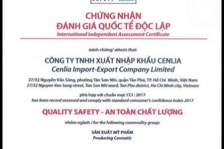 Mỹ phẩm CENLIA đạt chứng nhận “Quality Safety - An toàn chất lượng” năm 2017