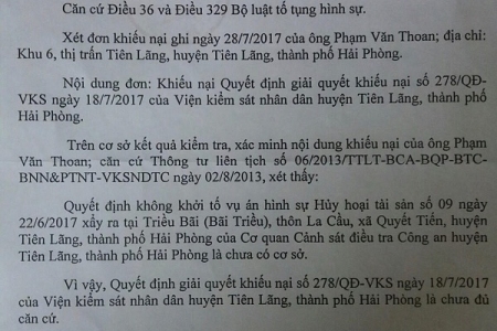 VKSND TP. Hải Phòng: Hủy kết luận của VKSND huyện Tiên Lãng với ông Phạm Văn Thoan