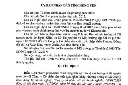 Hưng Yên: Gây ô nhiễm môi trường, một doanh nghiệp bị xử phạt 600 triệu đồng