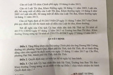 Thủ tướng tặng Bằng khen cho thanh niên dũng cảm cứu người tự tử