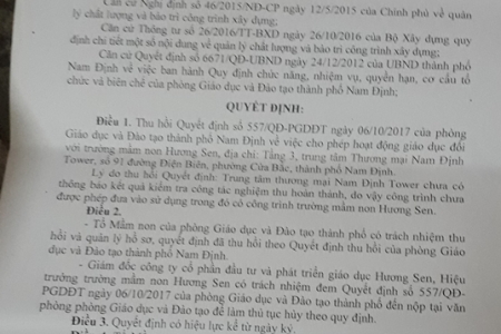 Vụ trẻ 3 tuổi rơi từ tầng 20 ở Nam Định: Trường mầm non Hương Sen hoạt động không phép!