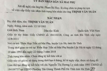 ( Mai Phụ-Lộc Hà -Hà Tĩnh): Xin giấy chứng nhận tình trạng độc thân phải đóng 100.000 đồng?