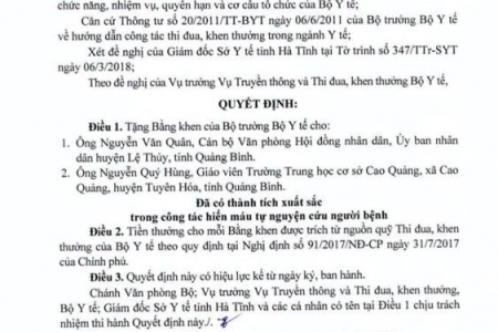 2 cá nhân tình nguyện hiến máu cực hiếm cứu người được Bộ Y tế tặng bằng khen