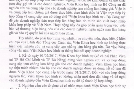 Nghiêm cấm việc mạo danh Viện Khoa học hình sự để cung cấp tem cho các doanh nghiệp