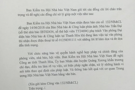 Hội Nhà báo Việt Nam đề nghị điều tra việc nhà báo bị đe dọa khi tác nghiệp tại Thanh Hóa