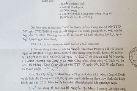 UBND TP. Hải Phòng chỉ đạo khẩn trương giải quyết đơn thư tố cáo của bà Nguyễn Thị Minh Phương