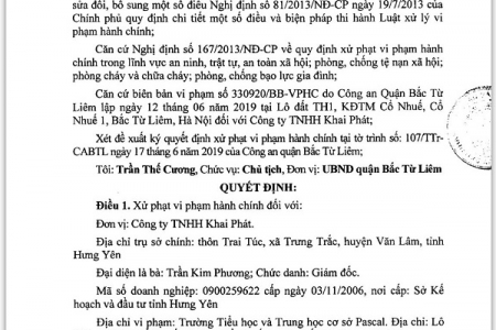 UBND quận Bắc Từ Liêm: Xử phạt Công ty TNHH Khai Phát 15 triệu đồng