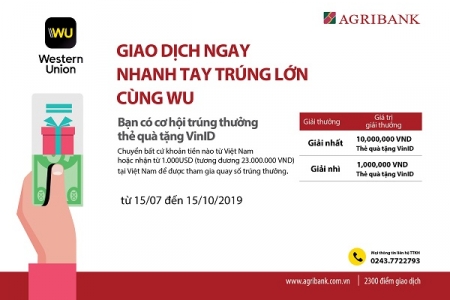 Cùng Agribank “Giao dịch ngay - Nhanh tay trúng lớn cùng WU”