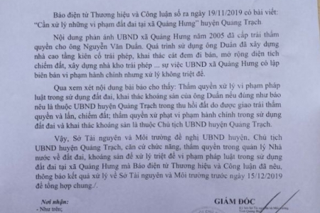 Tiếp bài “Cần xử lý những vi phạm đất đai tại xã Quảng Hưng: Sở TN&MT đề nghị huyện Quảng Trạch xử lý triệt để